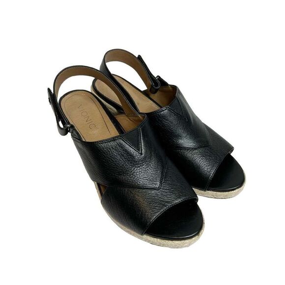 Vionic Zamar black leather espadrille wedge sandals size 9 - Picture 1 of 15